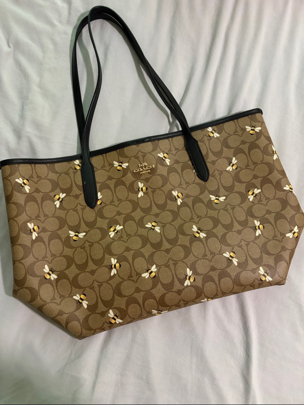 Coach Brown Signature Tote with Bee Motif and Black Handles